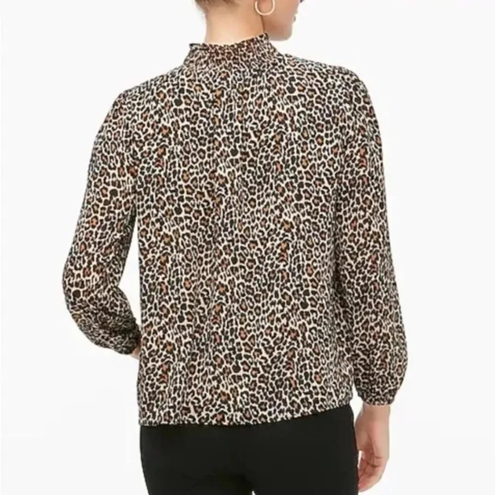 J Crew XS Leopard Print Smocked Long‎ Sleeve Blouse Mock High Neck Modest